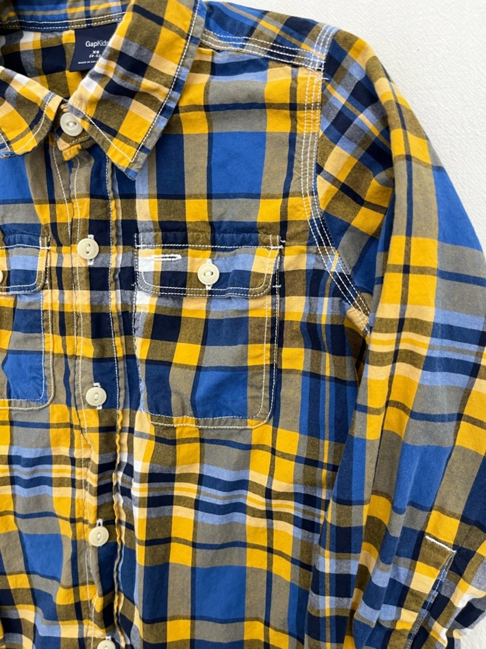 Gap Kids Plaid Cotton Button Down Shirt Boys 4/5 Blue Yellow Long Sleeve Classic - Picture 2 of 6